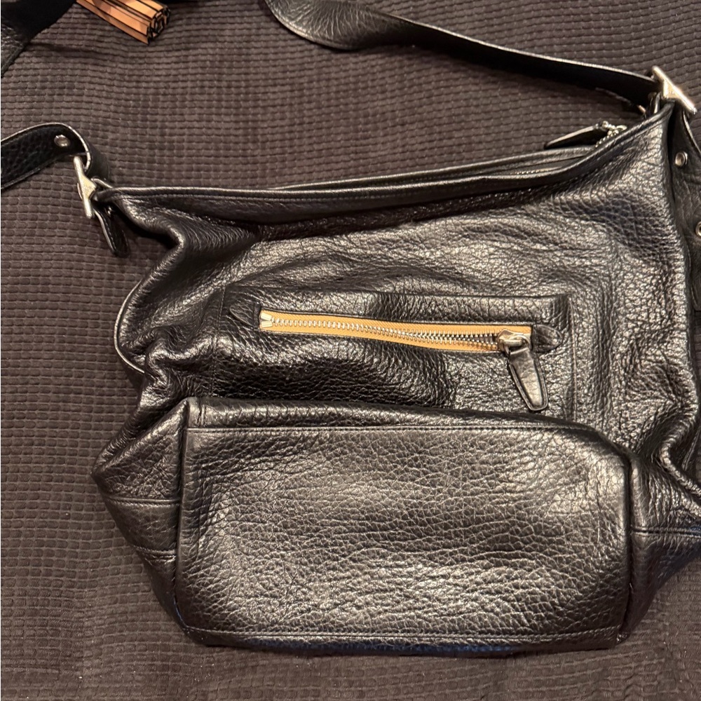 Coach Black Pebbled Leather Shoulder Bag with Gold-Zip Detail